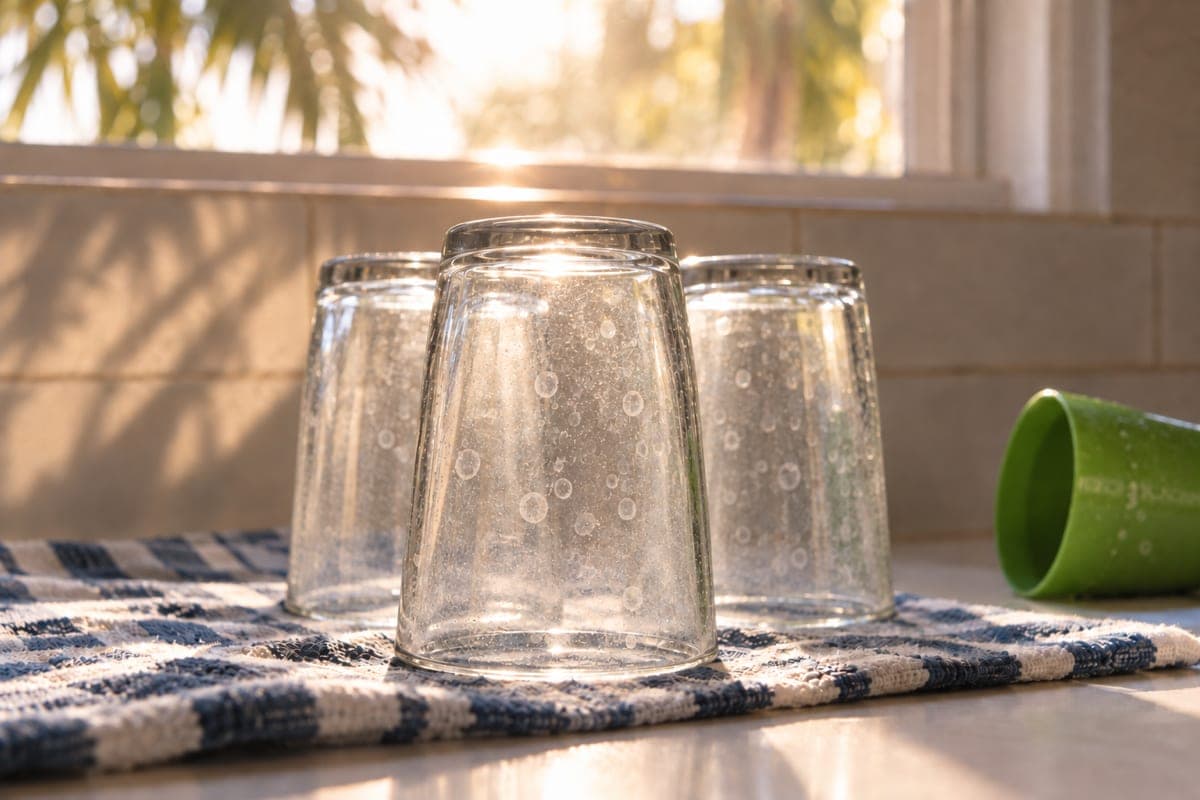 Three upside-down drinking glasses with dry white water spots, on a striped towel by a sunny window.