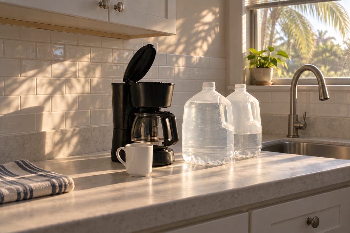 A coffee maker and two gallon jugs of store-bought water on a kitchen counter beside the sink, in morning light.