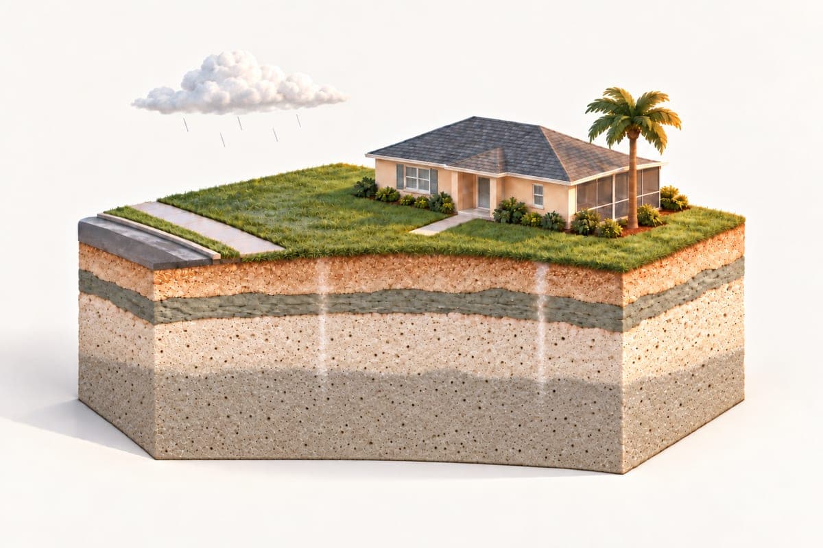 Illustrated cutaway of the ground under a Florida house: grass, sand, a clay layer, and porous limestone that is wet with groundwater below, with rain soaking down.