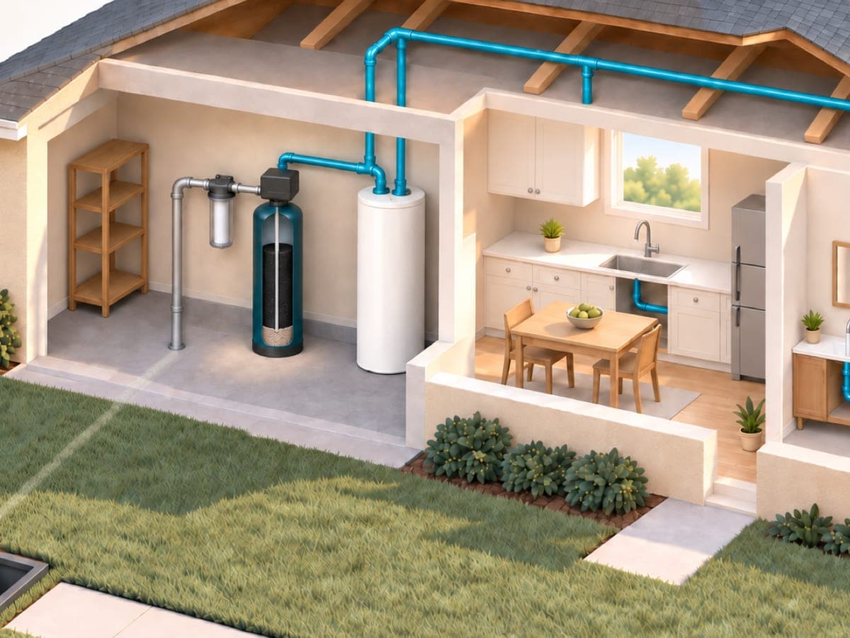 Cutaway illustration of a single-story home's garage, where the main water line runs through a cartridge sediment filter and a carbon filter tank before it is piped on to the water heater, kitchen and bathroom.