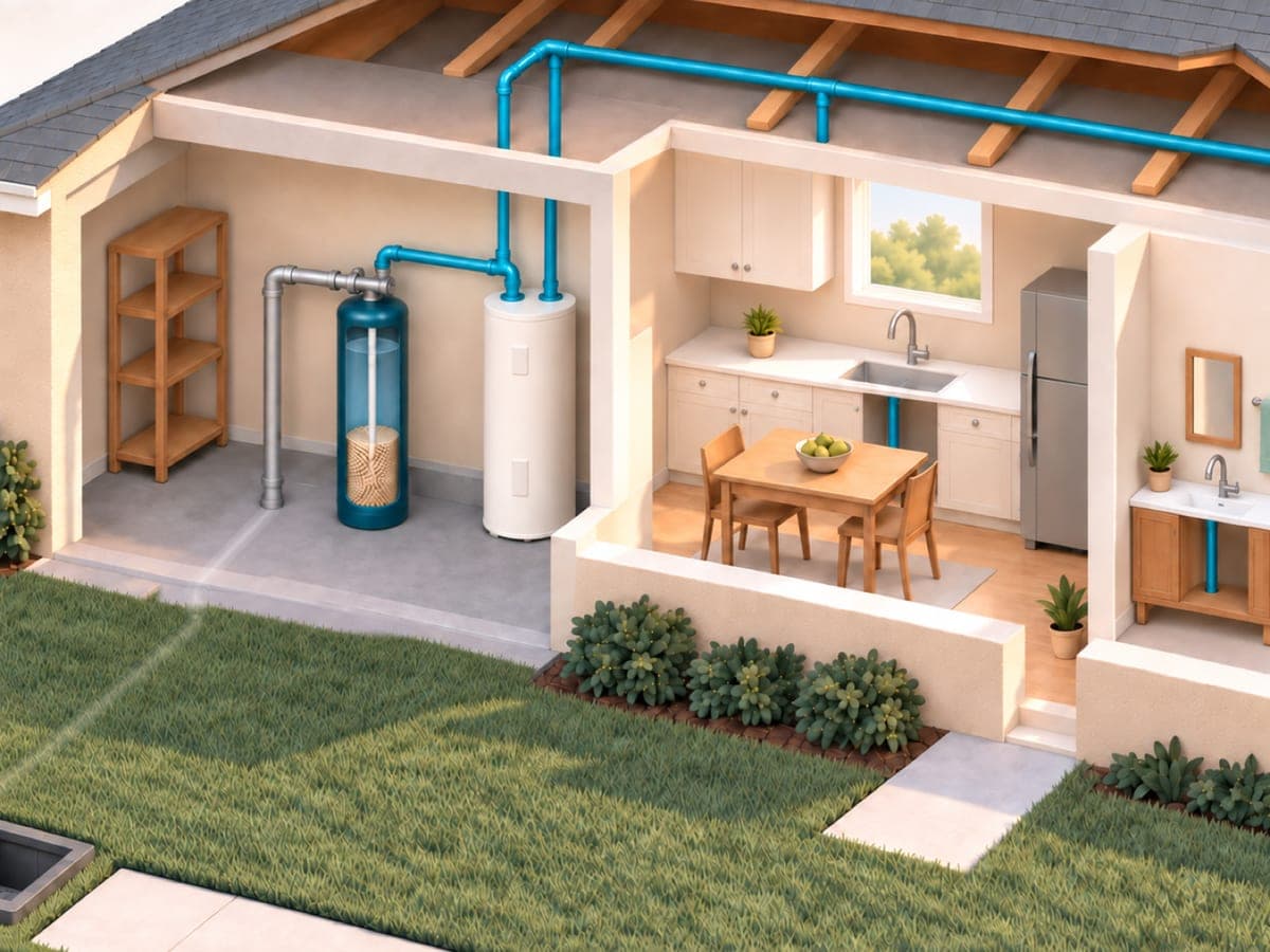 Cutaway illustration of a single-story home's garage, where the main water line runs through one salt-free conditioner tank, with no salt tank beside it, before it is piped on to the water heater, kitchen and bathroom.