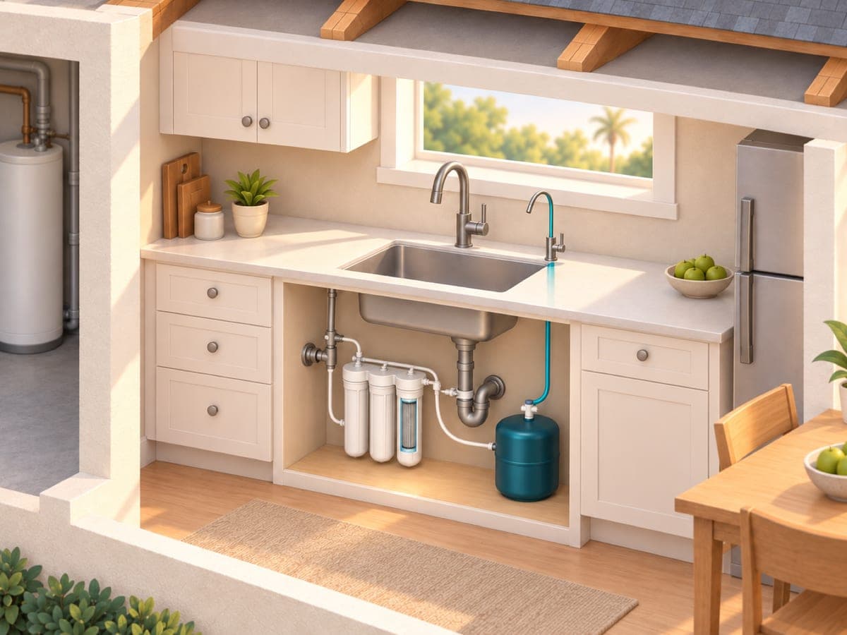 Cutaway illustration of a kitchen sink cabinet holding an under-sink reverse osmosis system: three filter housings and a small storage tank, piped to a separate drinking-water faucet beside the main kitchen faucet.