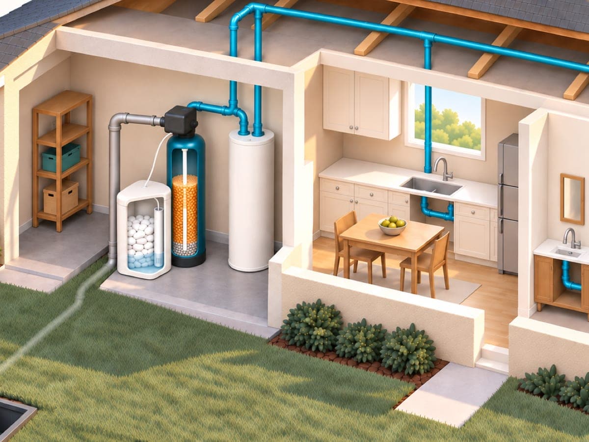 Cutaway illustration of a single-story home's garage, where the main water line runs through a water softener (a resin tank with a control valve, beside a salt tank) before it is piped on to the water heater, kitchen and bathroom.