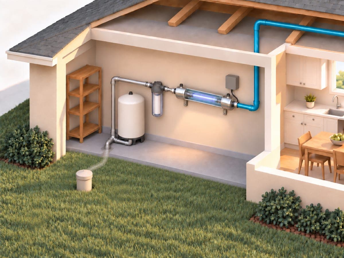 Cutaway illustration of a home's garage, where the line from a well in the yard runs to a pressure tank, then through a sediment filter and a wall-mounted UV lamp chamber with a small control box, before it is piped on into the house.