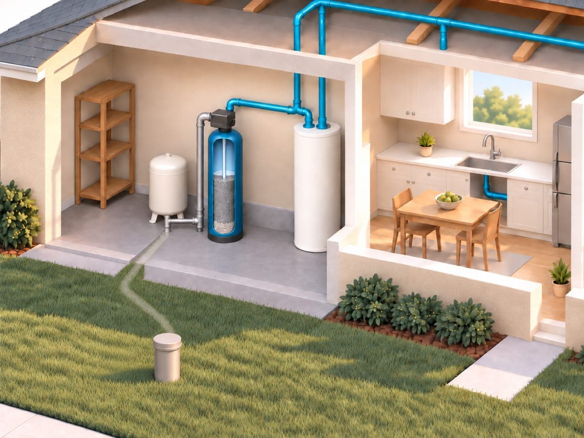 Cutaway illustration of a single-story home's garage, where the line from a well in the yard rises to a pressure tank, then runs through a treatment tank filled with filter media before it is piped on to the water heater and kitchen.